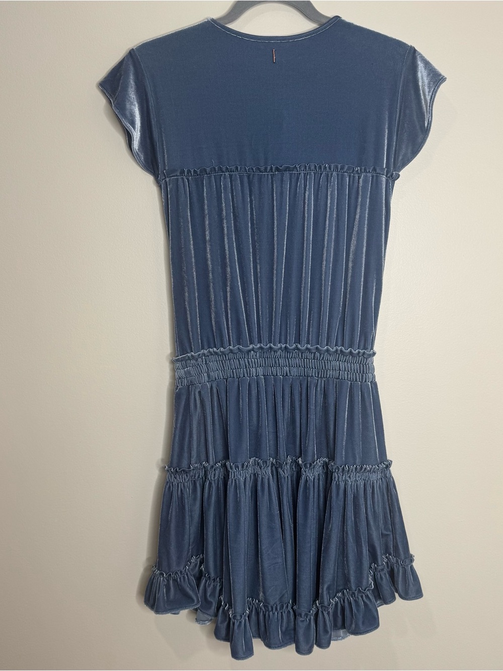 MISA Blue Velvet Tiered Short Flutter Sleeve Boho Mini Dress Medium Tie Neck - Picture 9 of 13